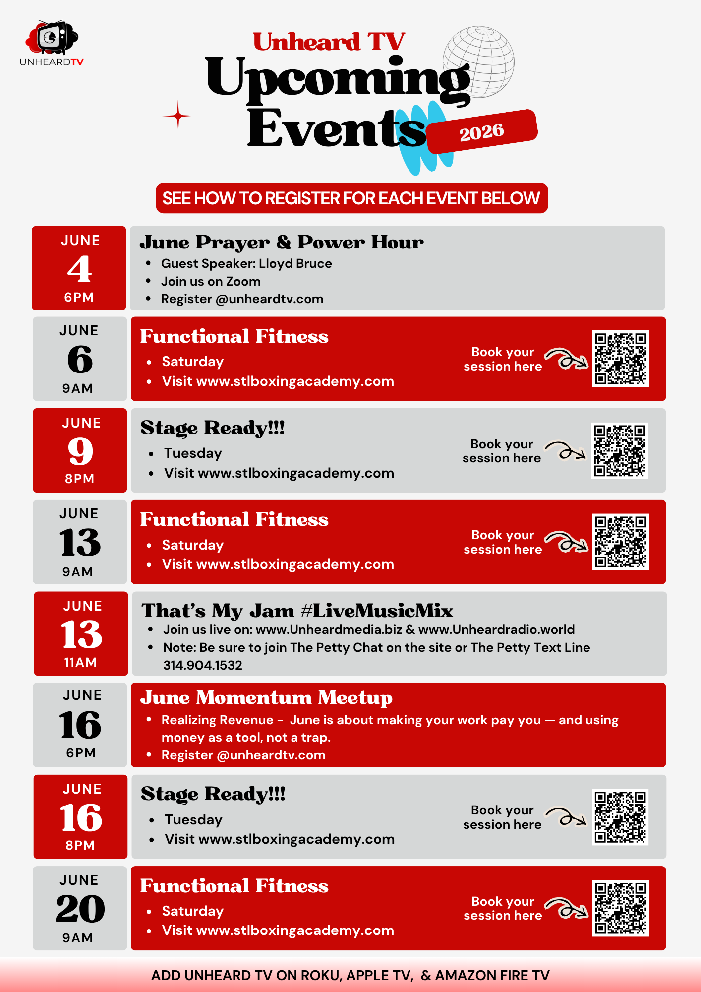 Unheard TV Upcoming Events 2026 — Schedule (June 4–20)