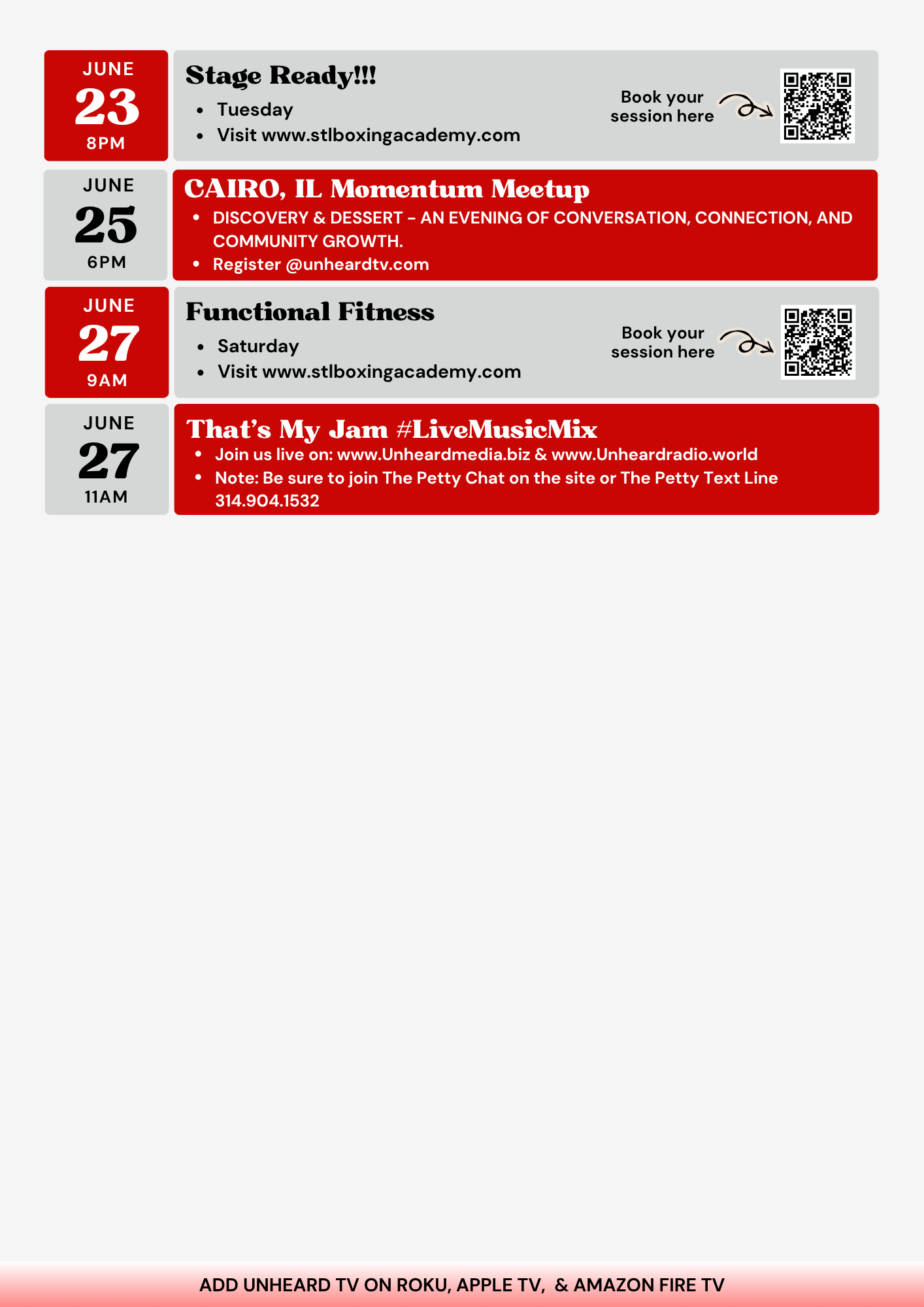 Unheard TV Upcoming Events 2026 — Schedule (June 23–27)